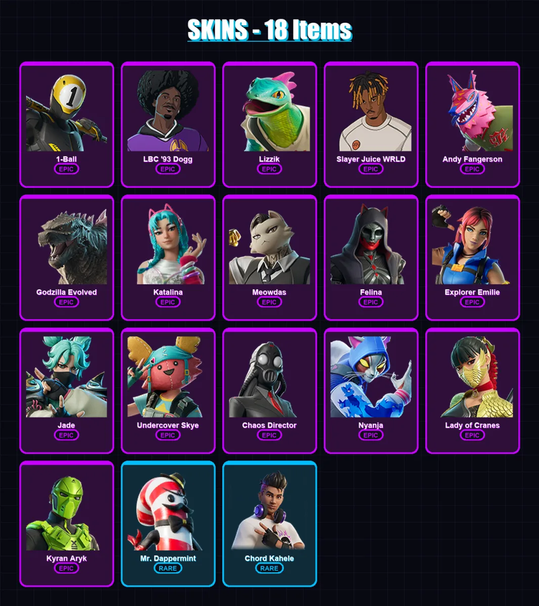 [PC/PSN] | 1-Ball | LBC '93 Dogg | Lizzik | Slayer Juice WRLD | Andy Fangerson | 18 skin | 36 pickaxe | 22 emote | 19 glider | Lv256