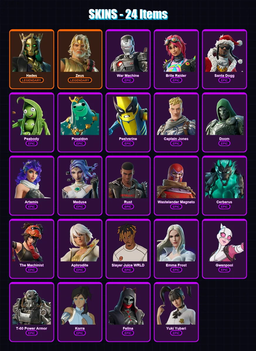 [PC/XBOX/PSN] | Hades | Zeus | War Machine | Brite Raider | Santa Dogg | 24 skin | 61 pickaxe | 38 emote | 44 glider | Lv448