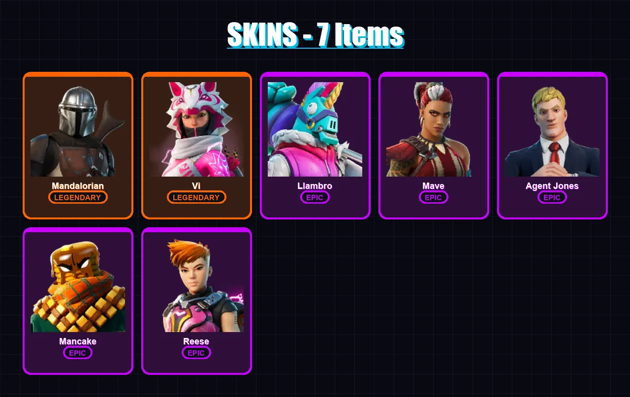 [PC/XBOX/PSN] | Mandalorian | Vi | Llambro | Mave | Agent Jones | 7 skin | 11 pickaxe | 7 emote | 10 glider | Lv133