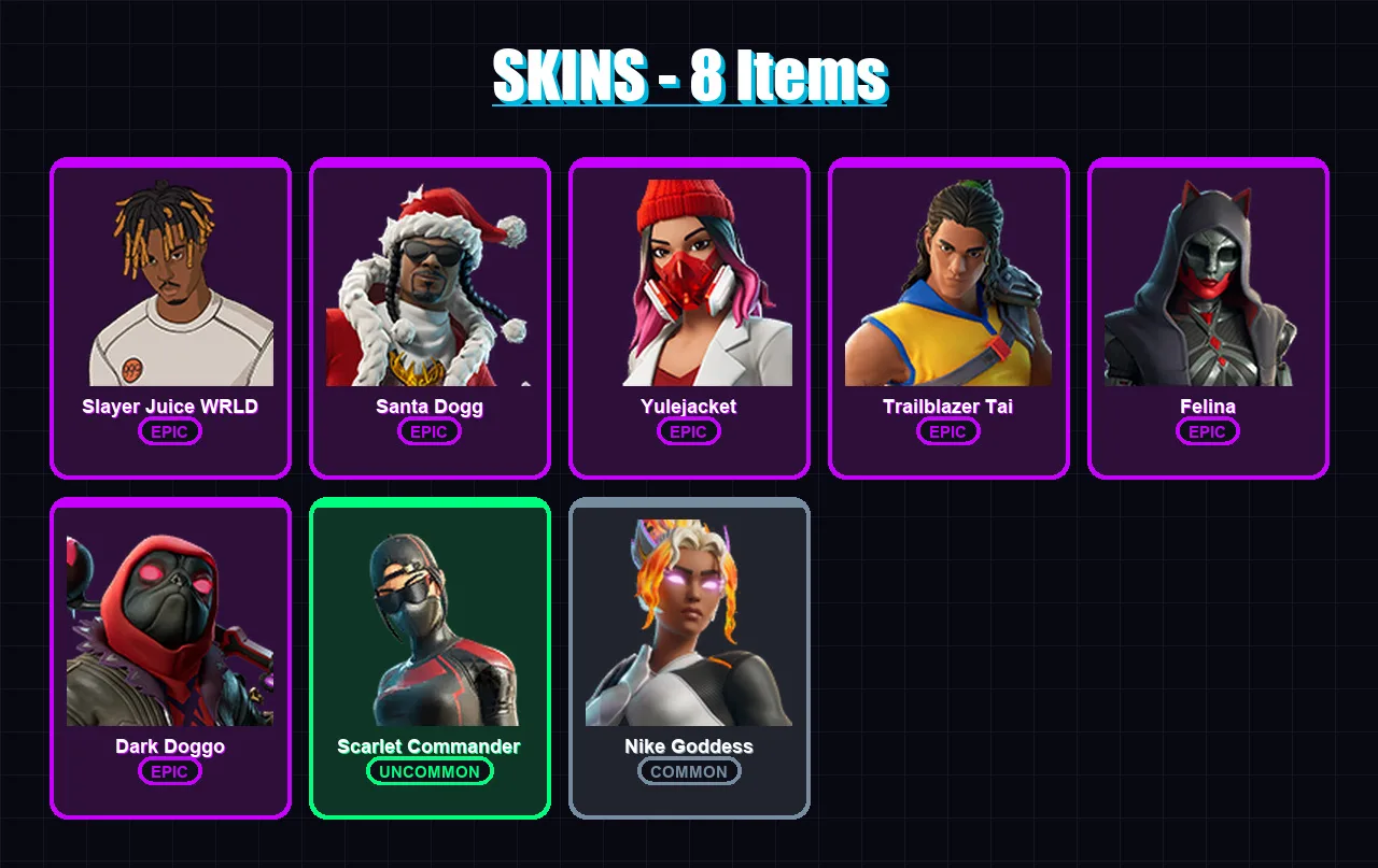 [PC/XBOX/PSN] | Slayer Juice WRLD | Santa Dogg | Yulejacket | Trailblazer Tai | Felina | 8 skin | 36 pickaxe | 16 emote | 23 glider | Lv527