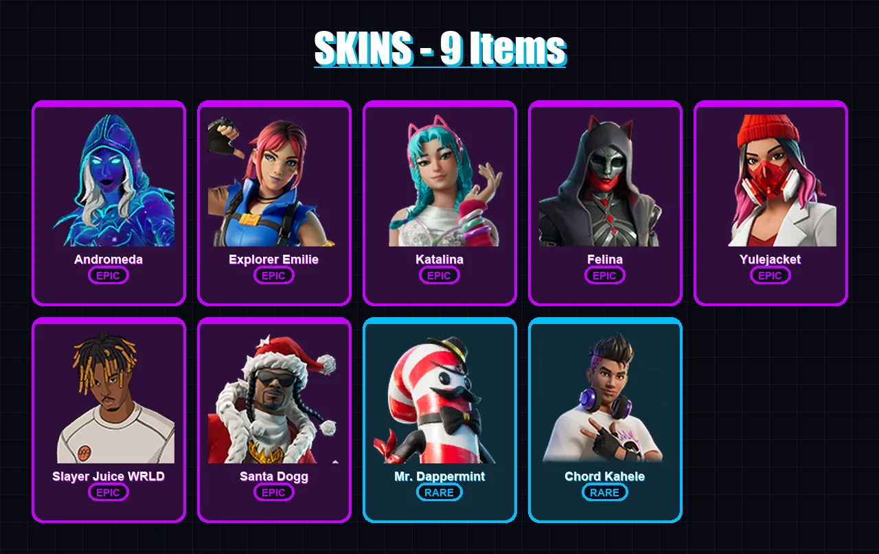 [PC/PSN] | Andromeda | Explorer Emilie | Katalina | Felina | Yulejacket | 9 skin | 41 pickaxe | 15 emote | 30 glider | Lv557