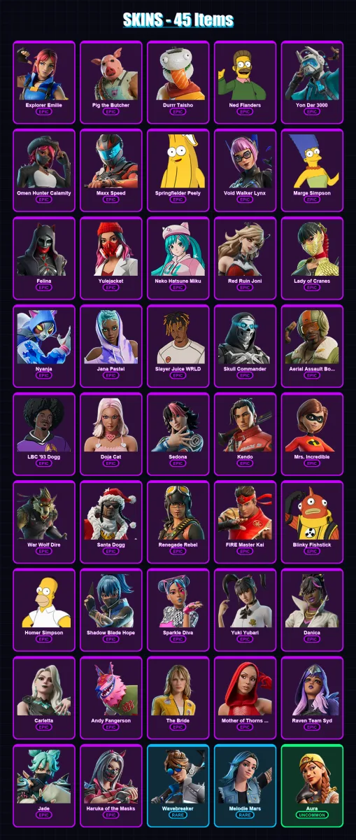 [PC/PSN] | Explorer Emilie | Pig the Butcher | Durrr Taisho | Ned Flanders | Yon Dar 3000 | 45 skin | 77 pickaxe | 40 emote | 42 glider | Lv515