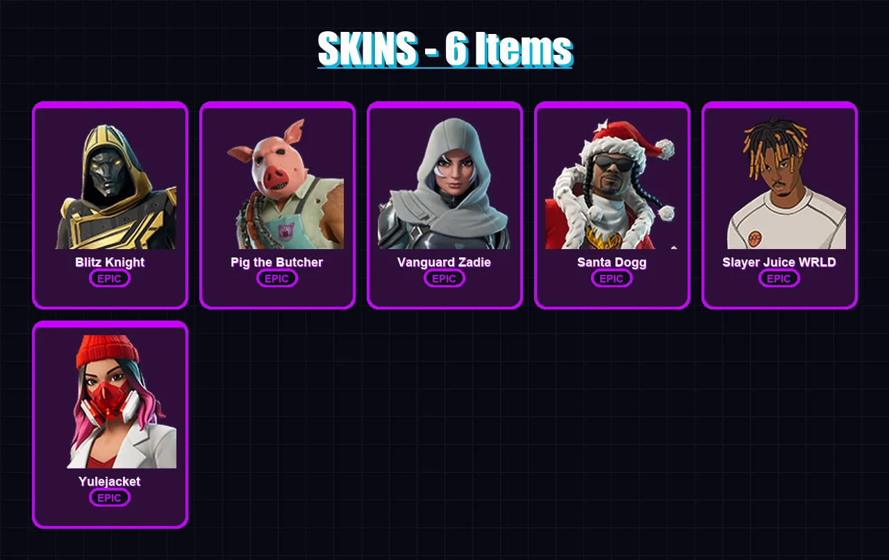 [PC/XBOX/PSN] | Blitz Knight | Pig the Butcher | Vanguard Zadie | Santa Dogg | Slayer Juice WRLD | 6 skin | 44 pickaxe | 17 emote | 23 glider | Lv34