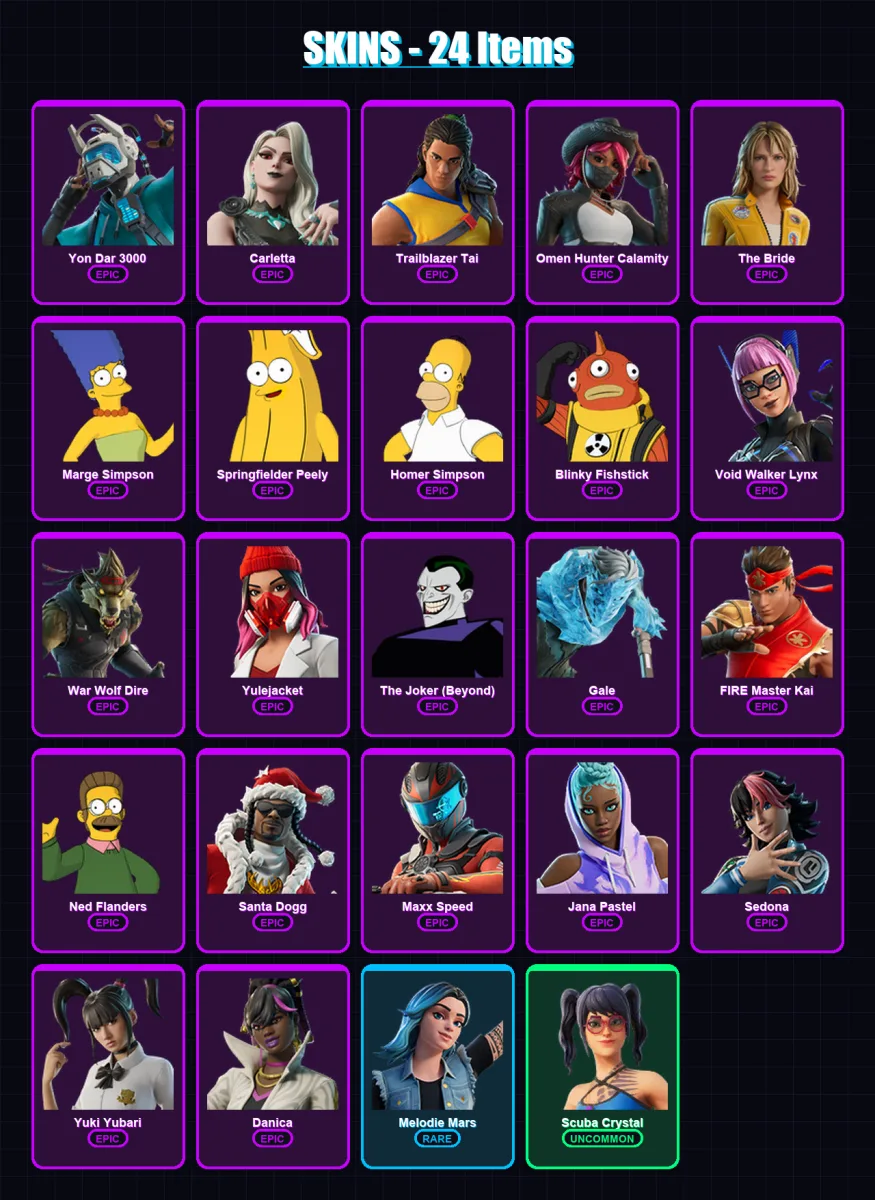 [PC/PSN] | Yon Dar 3000 | Carletta | Trailblazer Tai | Omen Hunter Calamity | The Bride | 24 skin | 30 pickaxe | 17 emote | 17 glider | Lv149