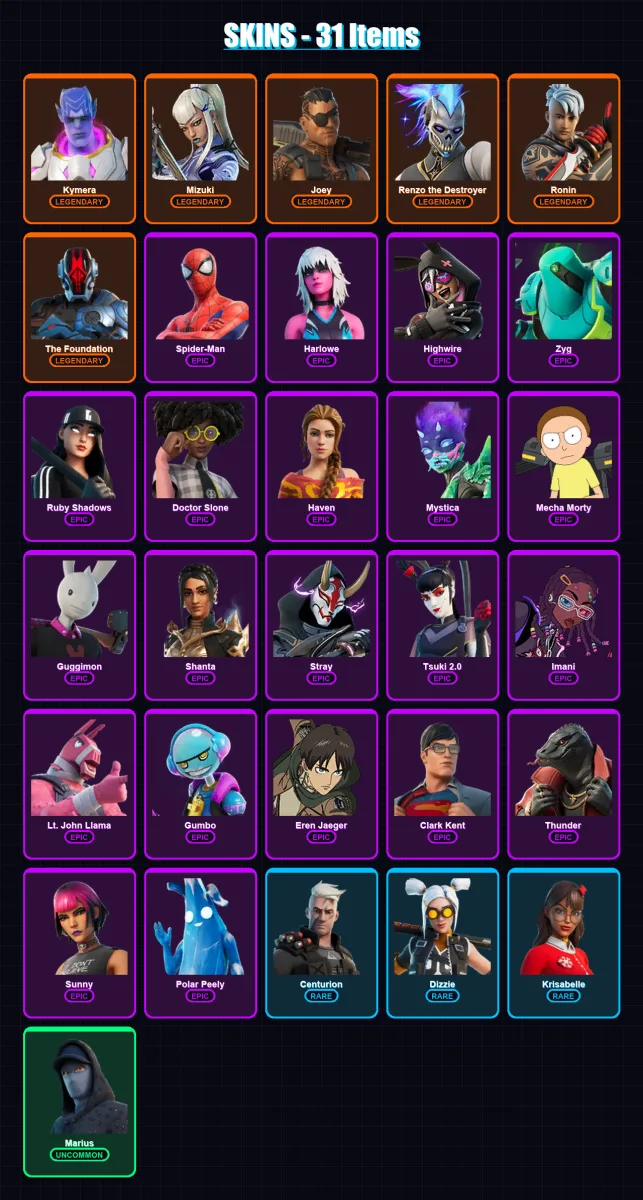 [PS4/PS5/XBOX/PC] | Kymera | Mizuki | Joey | Renzo the Destroyer | Ronin | 31 skin | 44 pickaxe | 31 emote | 42 glider | Lv529 — Fortnite account