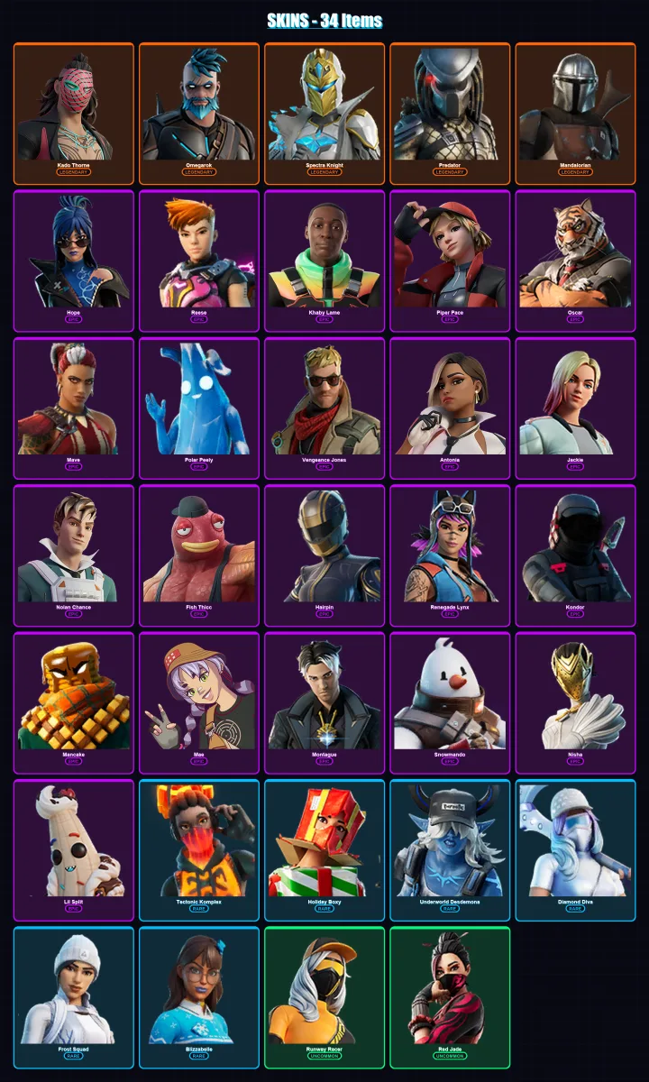 [PC/XBOX/PSN] | Kado Thorne | Omegarok | Spectra Knight | Predator | Mandalorian | 34 skin | 56 pickaxe | 48 emote | 55 glider | Lv1000