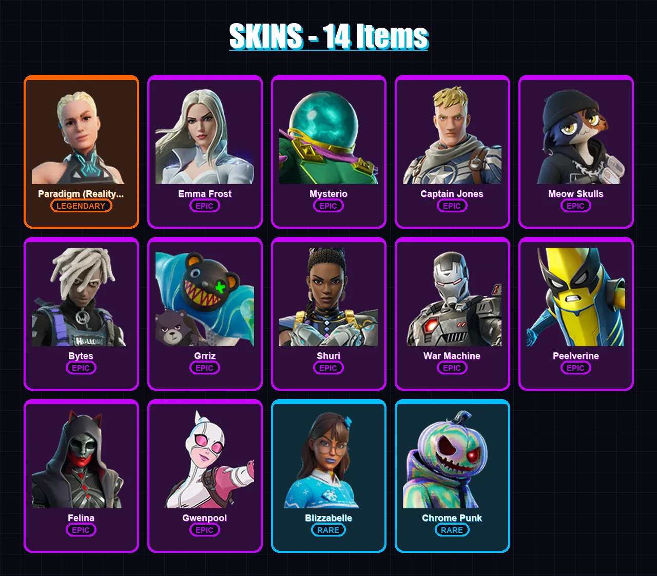 [PC/XBOX/PSN] | Paradigm (Reality-659) | Emma Frost | Mysterio | Captain Jones | Meow Skulls | 14 skin | 30 pickaxe | 23 emote | 28 glider | Lv425