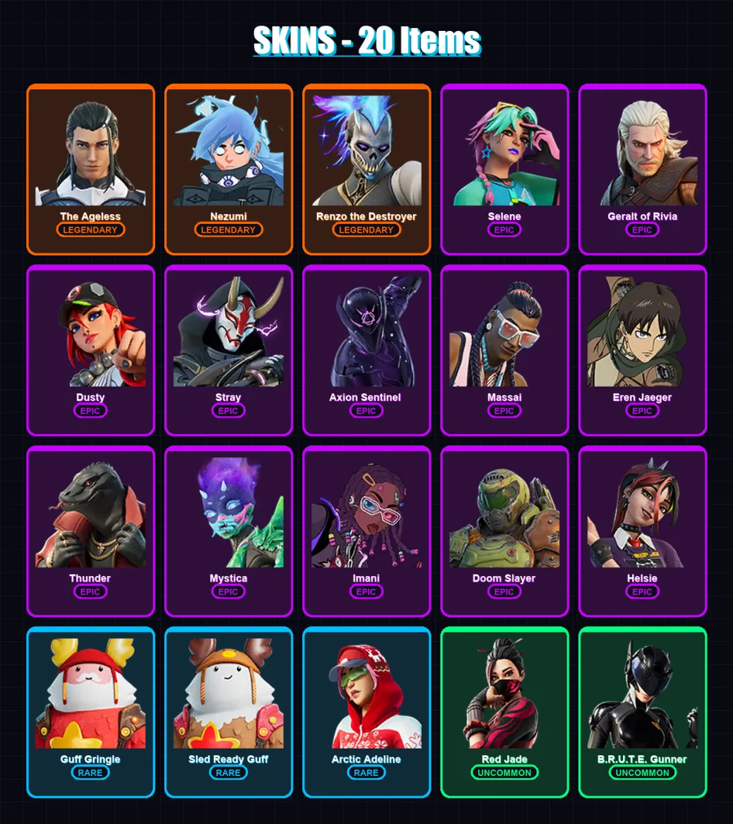 [PC/XBOX/PSN] | The Ageless | Nezumi | Renzo the Destroyer | Selene | Geralt of Rivia | 20 skin | 21 pickaxe | 25 emote | 22 glider | Lv311 — Fortnite account