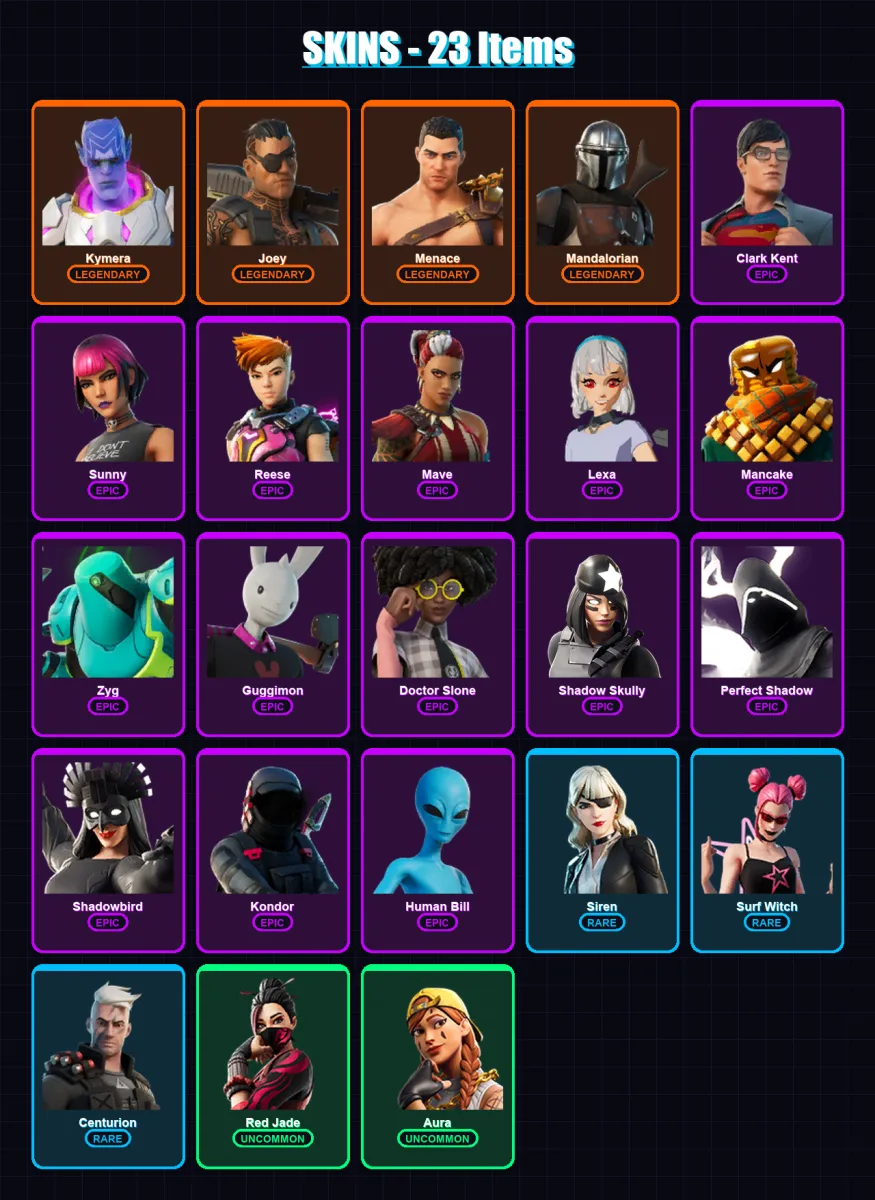 [PC/XBOX/PSN] | Kymera | Joey | Menace | Mandalorian | Clark Kent | 23 skin | 18 pickaxe | 24 emote | 19 glider | Lv298