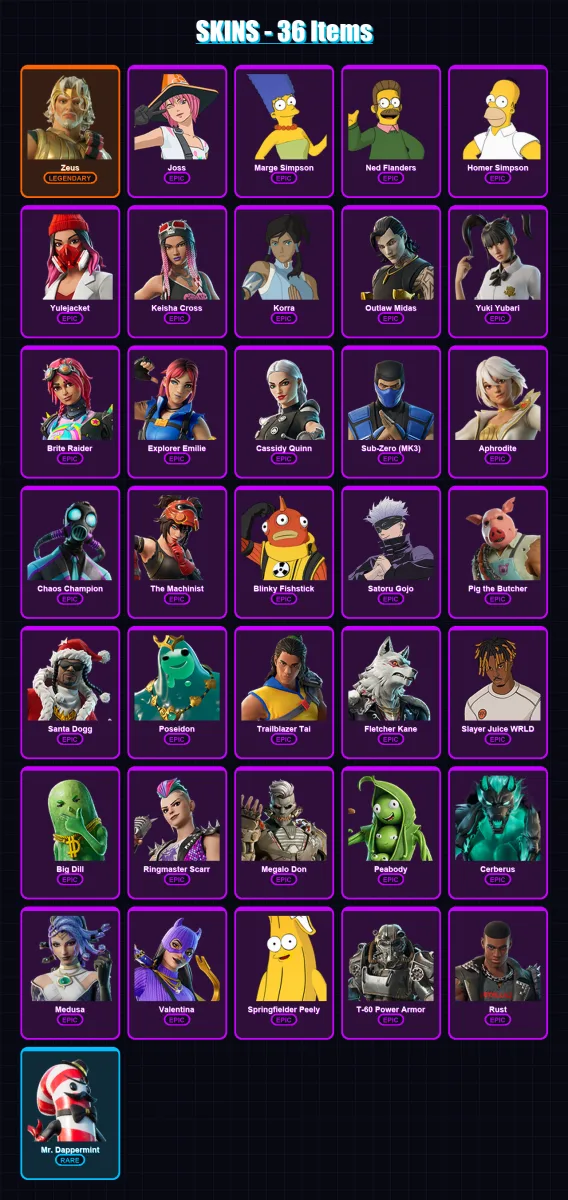 [PS4/PS5/XBOX/PC] | Zeus | Joss | Marge Simpson | Ned Flanders | Homer Simpson | 36 skin | 75 pickaxe | 45 emote | 52 glider | Lv682