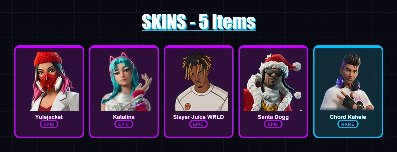 [PC/XBOX/PSN] | Yulejacket | Katalina | Slayer Juice WRLD | Santa Dogg | Chord Kahele | 5 skin | 18 pickaxe | 5 emote | 8 glider | Lv67