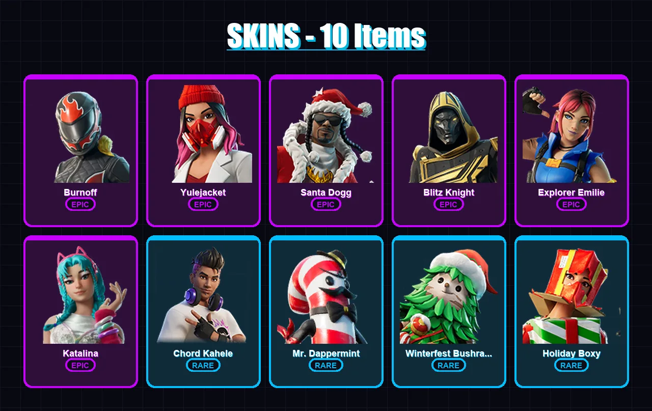 [PC/XBOX/PSN] | Burnoff | Yulejacket | Santa Dogg | Blitz Knight | Explorer Emilie | 10 skin | 32 pickaxe | 11 emote | 18 glider | Lv179