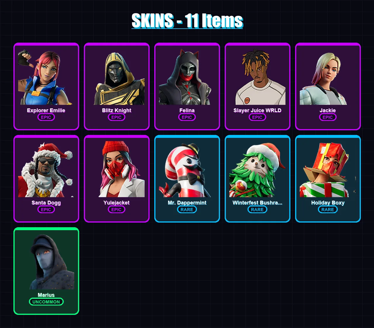[PC/XBOX/PSN] | Explorer Emilie | Blitz Knight | Felina | Slayer Juice WRLD | Jackie | 11 skin | 57 pickaxe | 25 emote | 41 glider | Lv748
