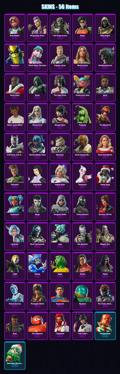 [SWITCH/XBOX/PC] | Brite Raider | Ringmaster Scarr | T-60 Power Armor | Robin | Blitz Knight | 56 skin | 104 pickaxe | 66 emote | 79 glider | Lv1259