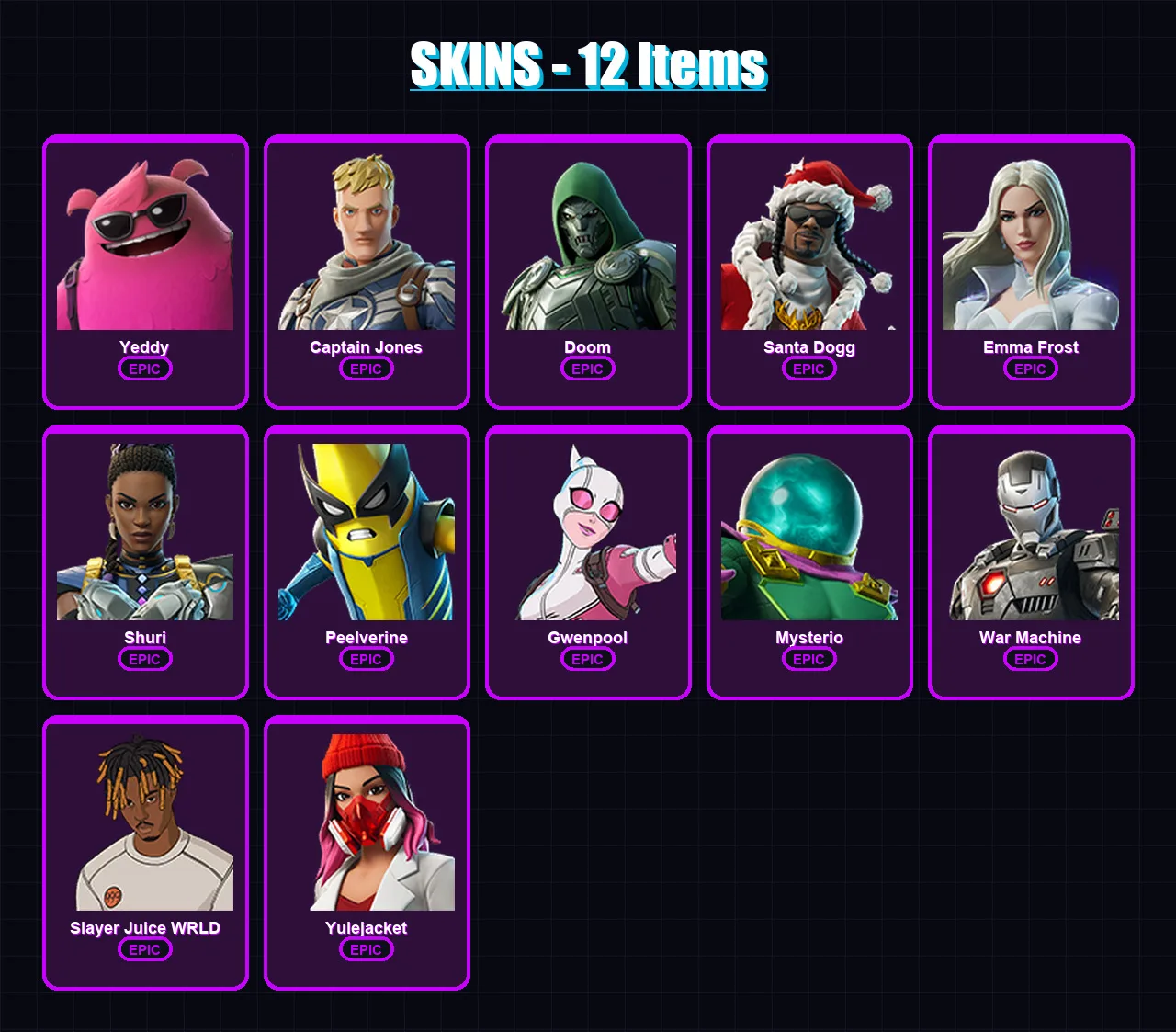 [PC/XBOX] | Yeddy | Captain Jones | Doom | Santa Dogg | Emma Frost | 12 skin | 32 pickaxe | 19 emote | 24 glider | Lv240
