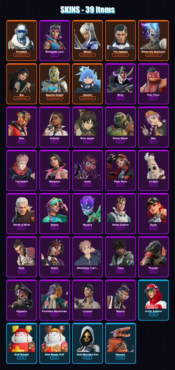 [PC/XBOX/PSN] | Frostbite | Renegade Lynx | Mizuki | The Ageless | Renzo the Destroyer | 39 skin | 55 pickaxe | 45 emote | 46 glider | Lv618