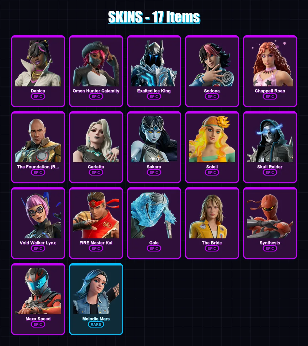 [PC/PSN] | Danica | Omen Hunter Calamity | Exalted Ice King | Sedona | Chappell Roan | 17 skin | 11 pickaxe | 3 emote | 4 glider | Lv43