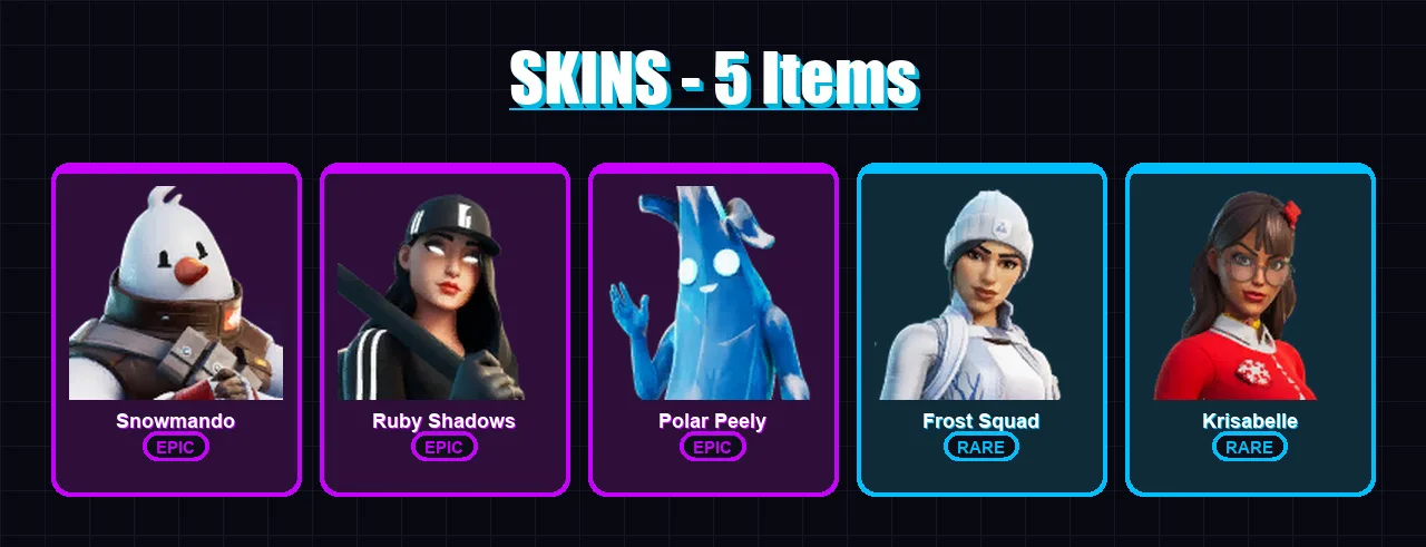 [PC/XBOX/PSN] | Snowmando | Ruby Shadows | Polar Peely | Frost Squad | Krisabelle | 5 skin | 22 pickaxe | 24 emote | 24 glider | Lv912