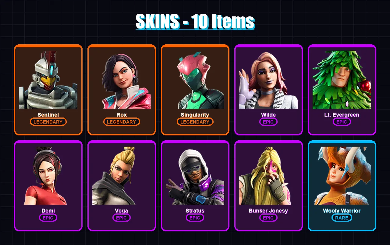 [PS4/PS5/XBOX/PC] | Sentinel | Rox | Singularity | Wilde | Lt. Evergreen | 10 skin | 14 pickaxe | 27 emote | 18 glider | Lv316