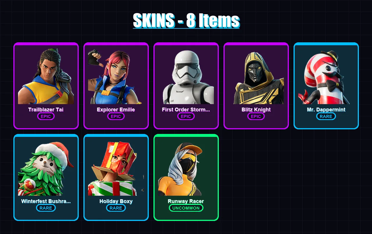[PC/XBOX/PSN] | Trailblazer Tai | Explorer Emilie | First Order Stormtrooper | 8 skin | Lv171