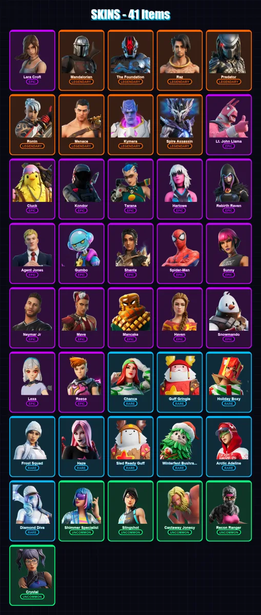 [PC/XBOX/PSN] | Lara Croft | Mandalorian | The Foundation | Raz | Predator | 41 skin | 56 pickaxe | 60 emote | 60 glider | Lv970