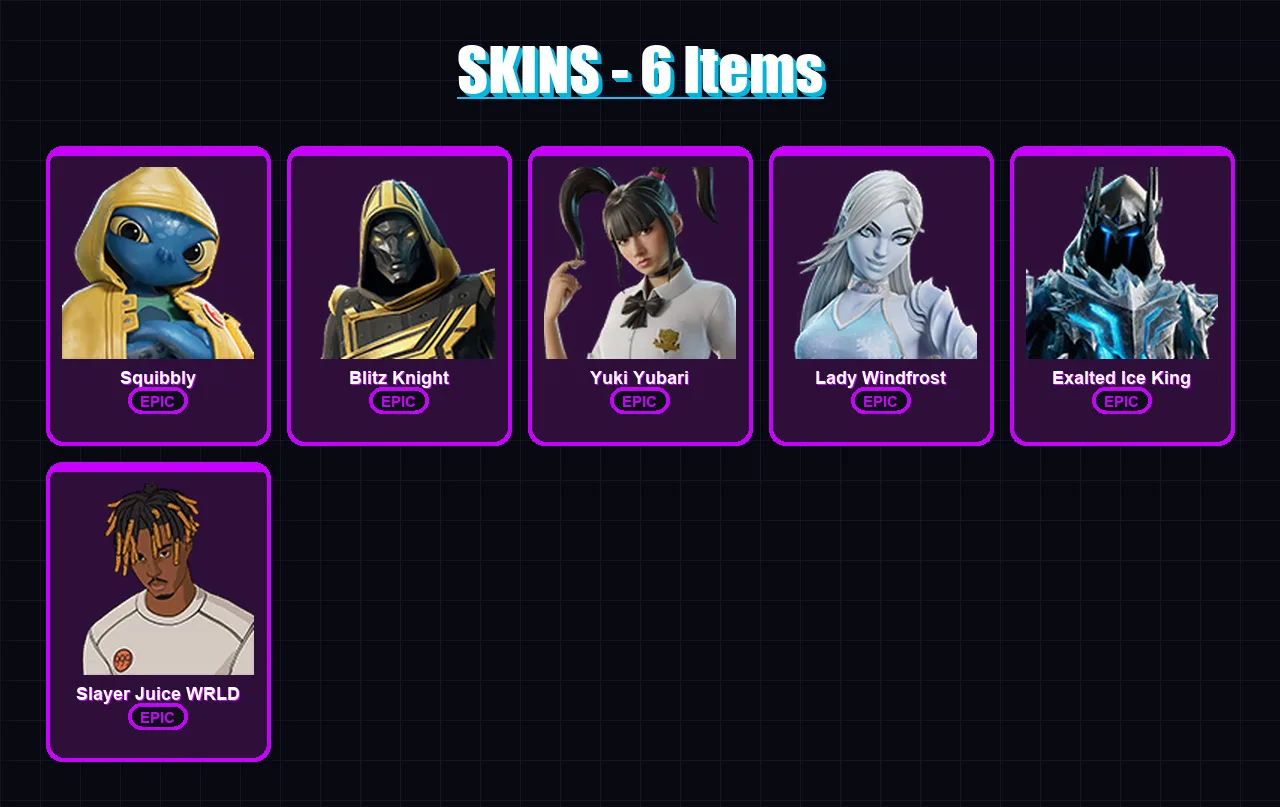 [PC/PSN] | Squibbly | Blitz Knight | Yuki Yubari | Lady Windfrost | Exalted Ice King | 6 skin | 45 pickaxe | 16 emote | 31 glider | Lv376