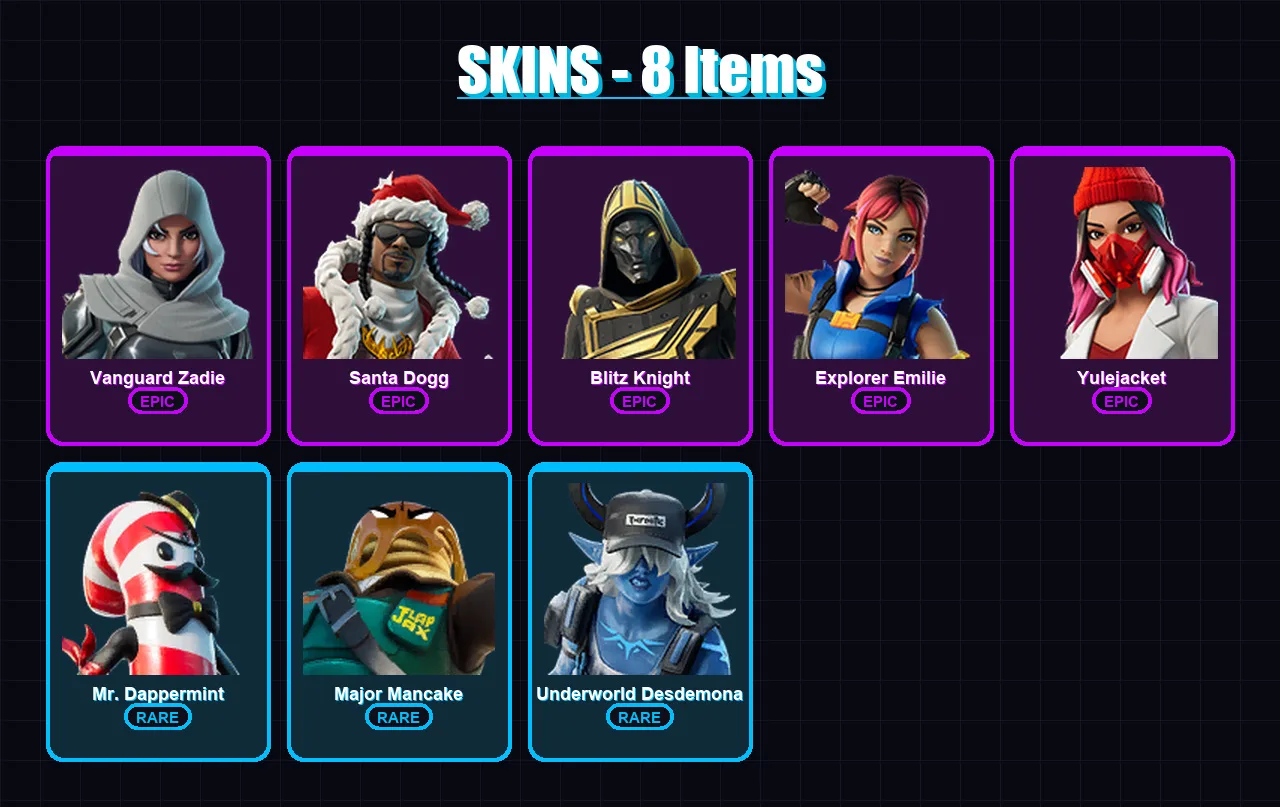 [SWITCH/PSN/PC] | Vanguard Zadie | Santa Dogg | Blitz Knight | Explorer Emilie | Yulejacket | 8 skin | 67 pickaxe | 28 emote | 50 glider | Lv789
