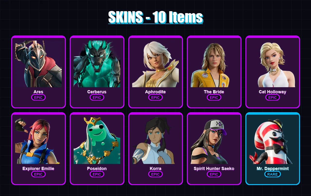 [PC/XBOX/PSN] | Ares | Cerberus | Aphrodite | The Bride | Cat Holloway | 10 skin | 12 pickaxe | 12 emote | 11 glider | Lv83