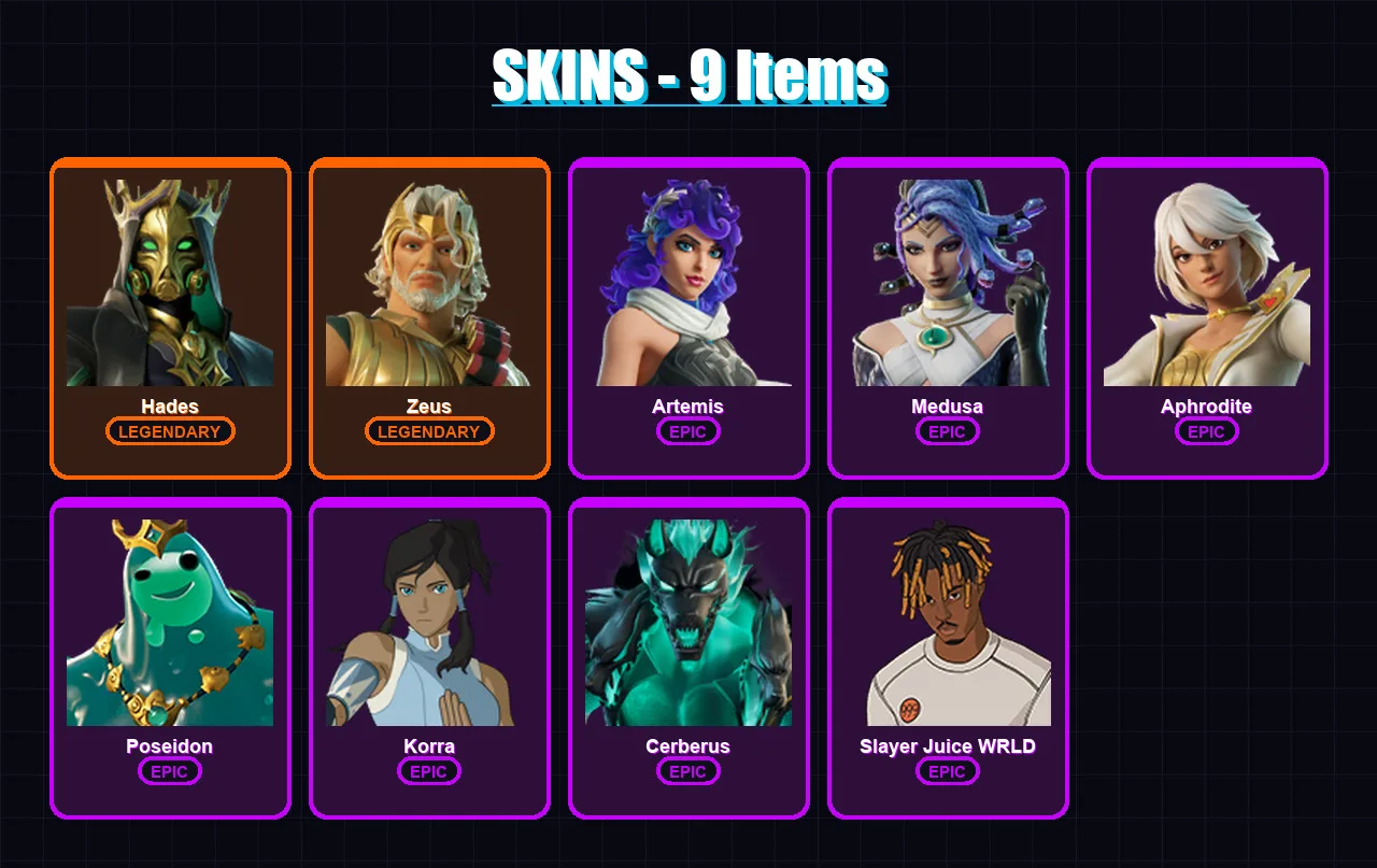 [PS4/PS5/XBOX/PC] | Hades | Zeus | Artemis | Medusa | Aphrodite | 9 skin | 18 pickaxe | 15 emote | 19 glider | Lv377
