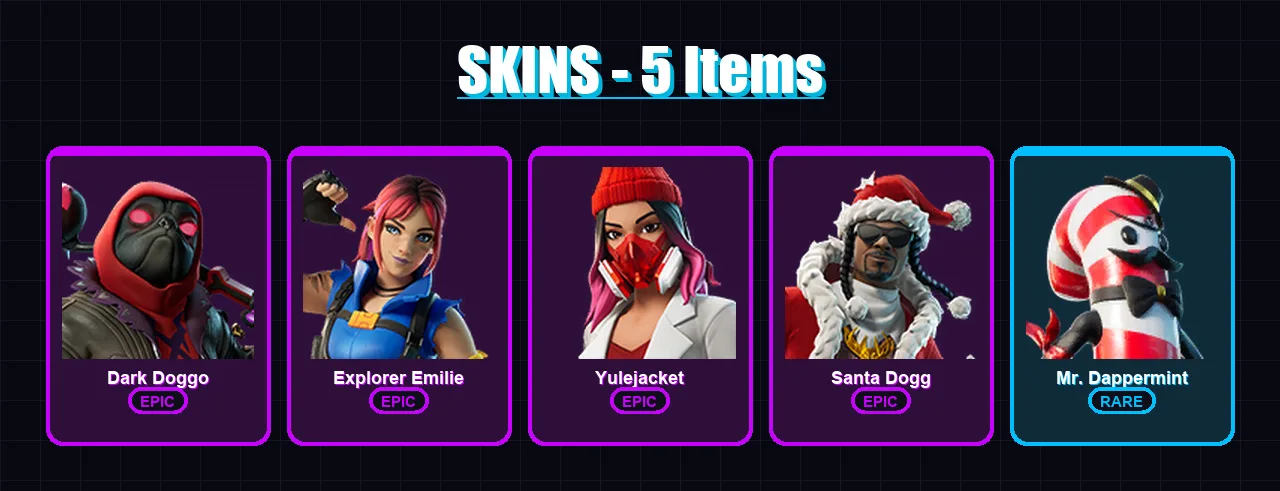 [PC/XBOX/PSN] | Dark Doggo | Explorer Emilie | Yulejacket | Santa Dogg | Mr. Dappermint | 5 skin | 10 pickaxe | 4 emote | 6 glider | Lv33