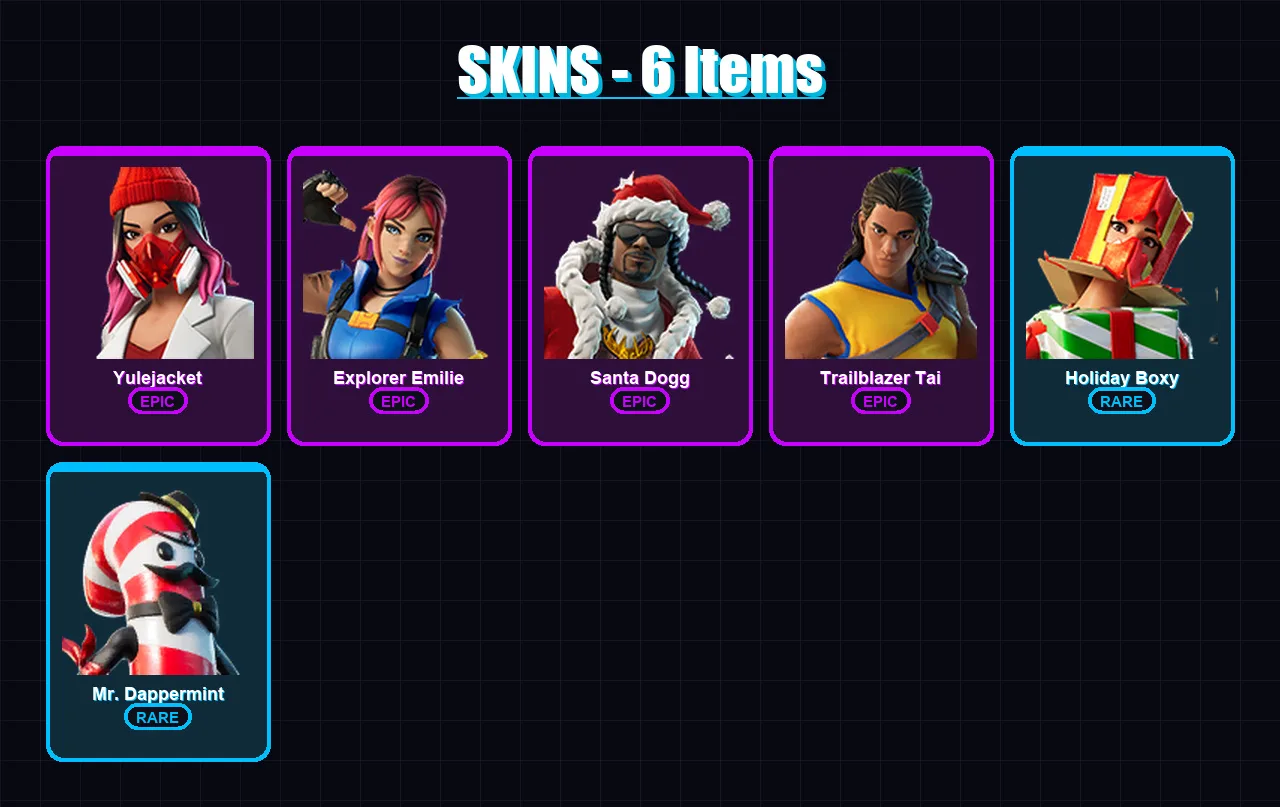 [PC/XBOX/PSN] | Yulejacket | Explorer Emilie | Santa Dogg | Trailblazer Tai | Holiday Boxy | 6 skin | 7 pickaxe | 1 emote | 5 glider | Lv44