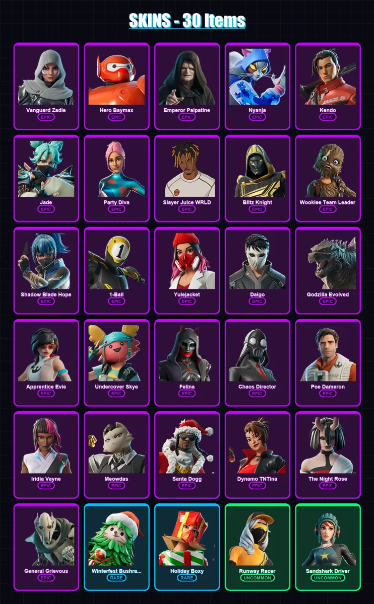 [PC/XBOX/PSN] | Vanguard Zadie | Hero Baymax | Emperor Palpatine | Nyanja | Kendo | 30 skin | 79 pickaxe | 40 emote | 49 glider | Lv1344 — Fortnite account