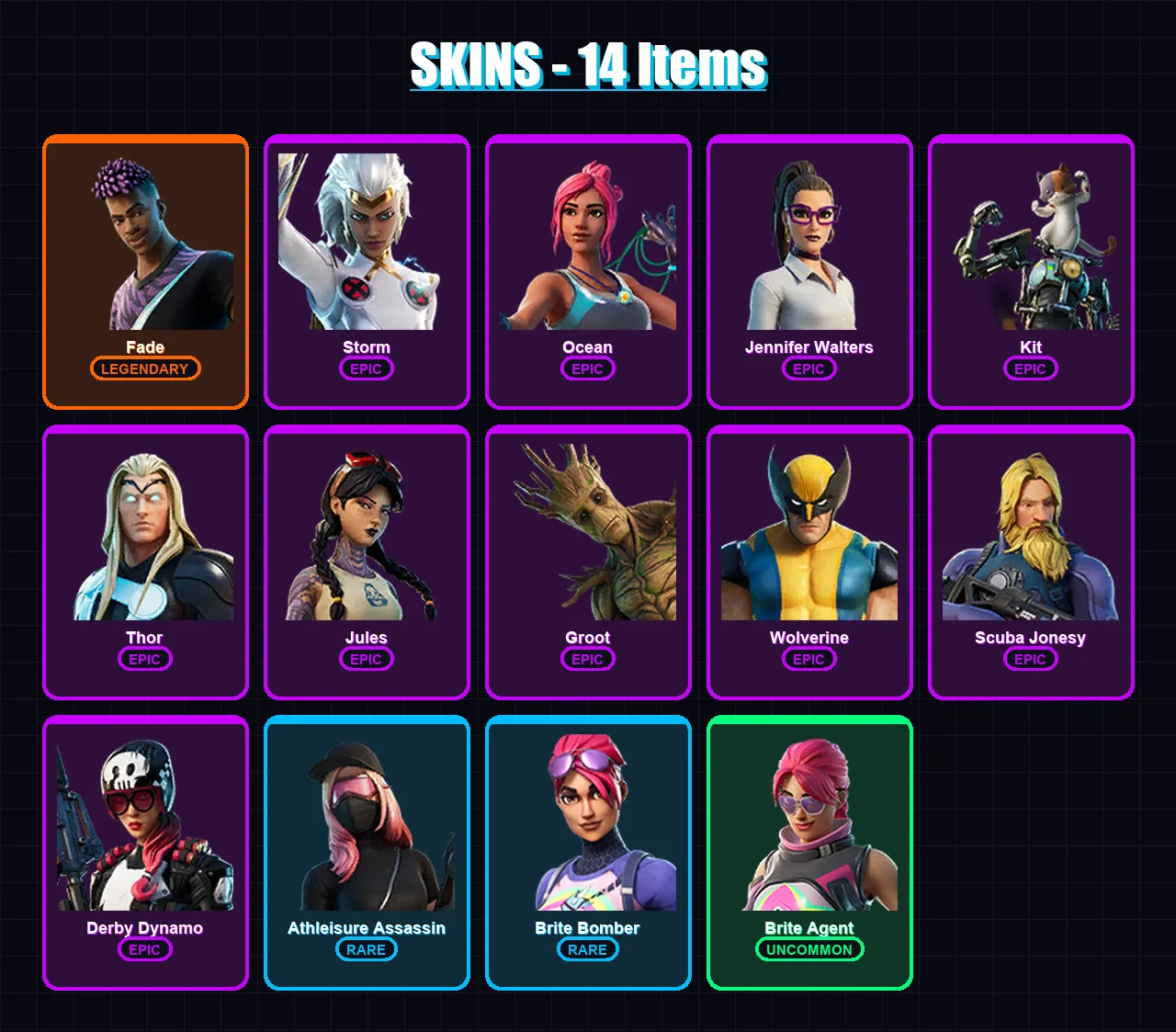 [SWITCH/XBOX/PSN/PC] | Fade | Storm | Ocean | Jennifer Walters | Kit | 14 skin | 17 pickaxe | 21 emote | 23 glider | Lv279