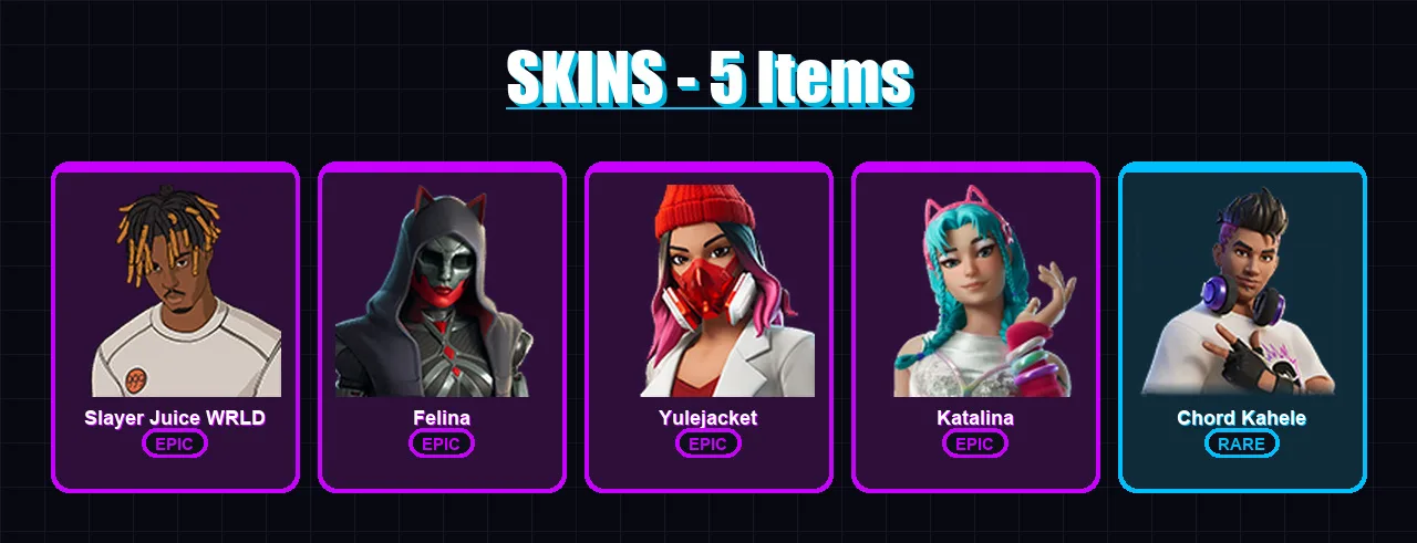 [PC/XBOX/PSN] | Slayer Juice WRLD | Felina | Yulejacket | Katalina | Chord Kahele | 5 skin | 22 pickaxe | 10 emote | 11 glider | Lv155
