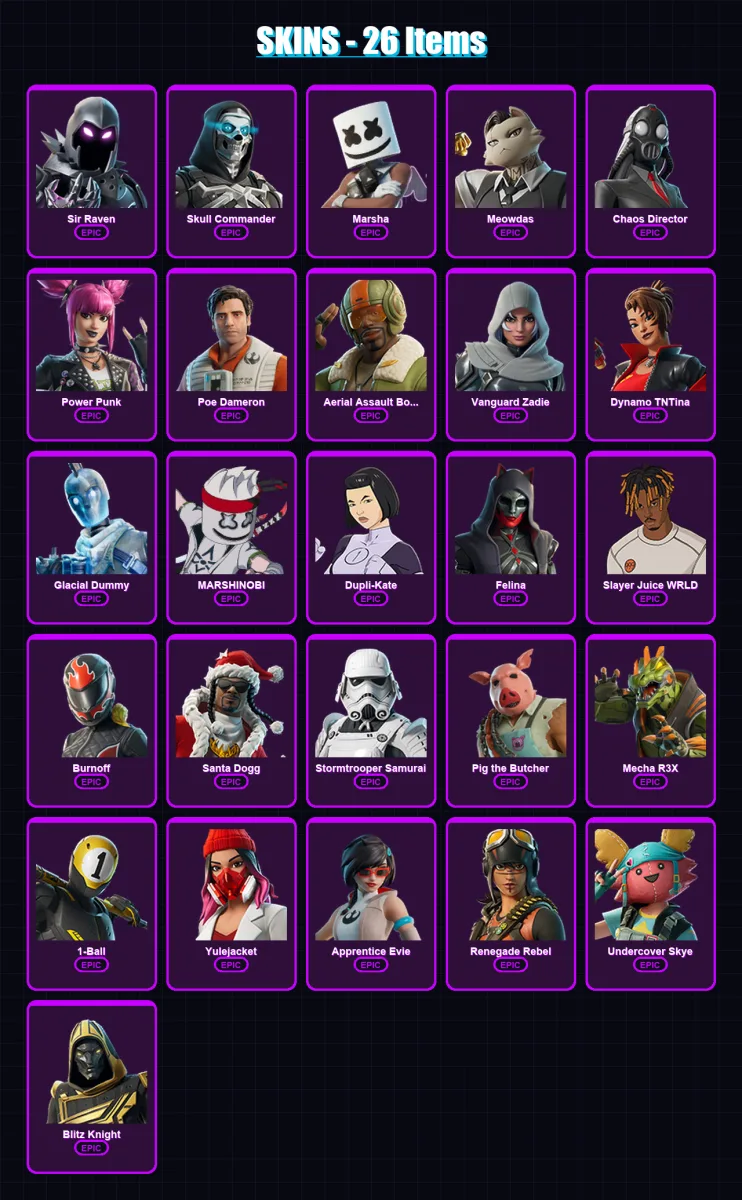 [PC/XBOX/PSN] | Sir Raven | Skull Commander | Marsha | Meowdas | Chaos Director | 26 skin | 80 pickaxe | 41 emote | 53 glider | Lv944 — Fortnite account