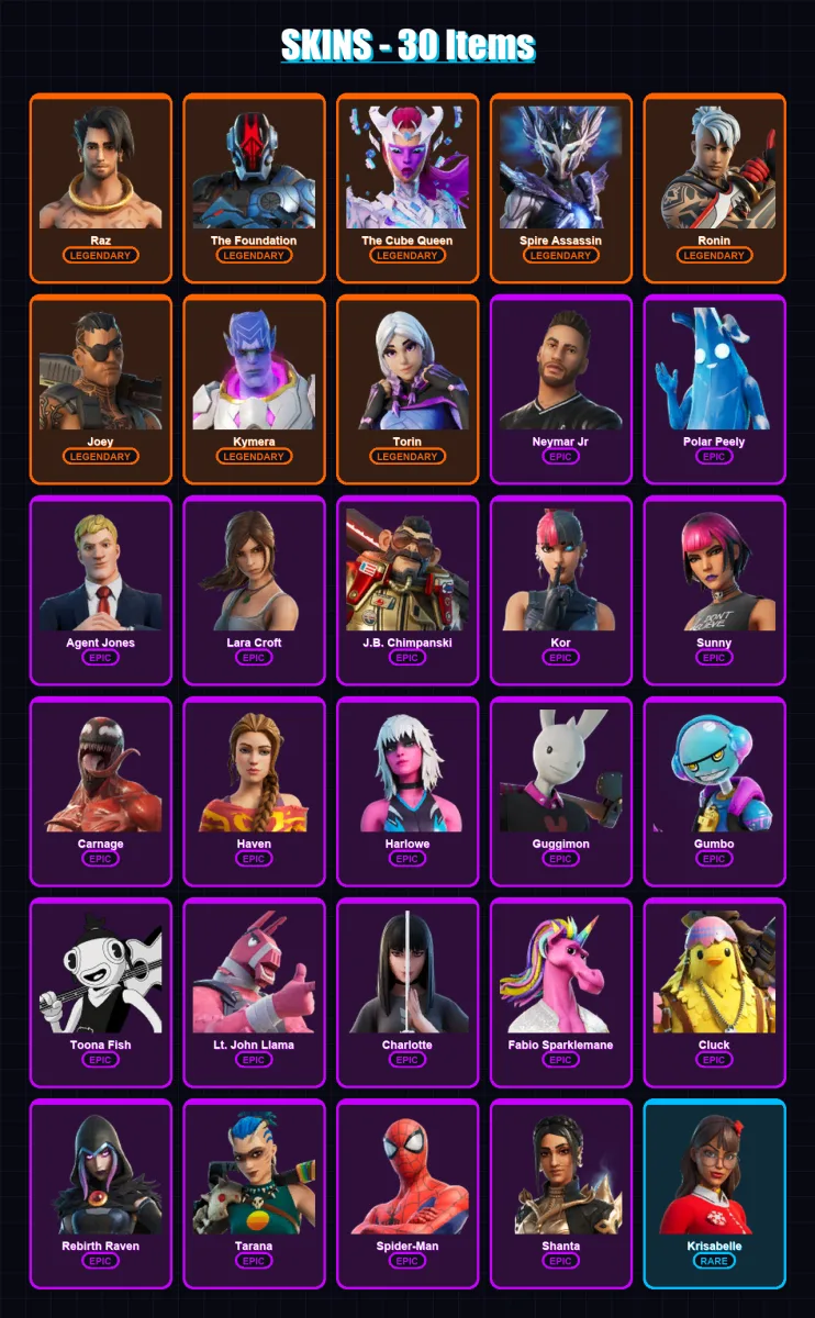 [PC/XBOX/PSN] | Raz | The Foundation | The Cube Queen | Spire Assassin | Ronin | 30 skin | 32 pickaxe | 22 emote | 30 glider | Lv419