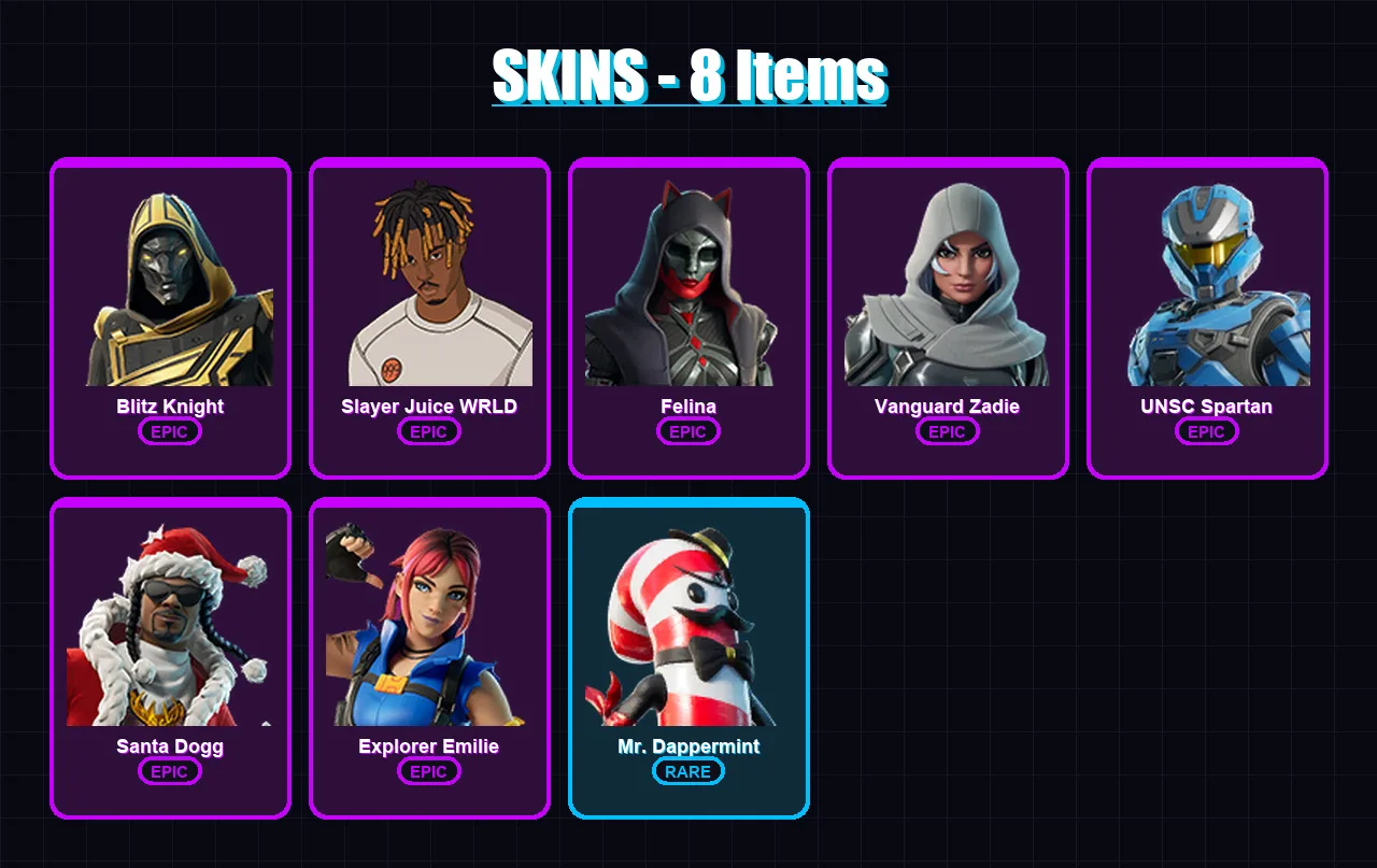 [PS4/PS5/XBOX/PC] | Blitz Knight | Slayer Juice WRLD | Felina | Vanguard Zadie | UNSC Spartan | 8 skin | 67 pickaxe | 26 emote | 34 glider | Lv694