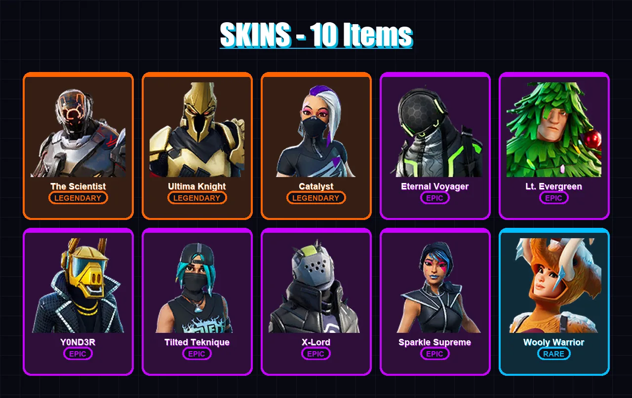 [PC/XBOX] | The Scientist | Ultima Knight | Catalyst | Eternal Voyager | Lt. Evergreen | 10 skin | 9 pickaxe | 16 emote | 16 glider | Lv208