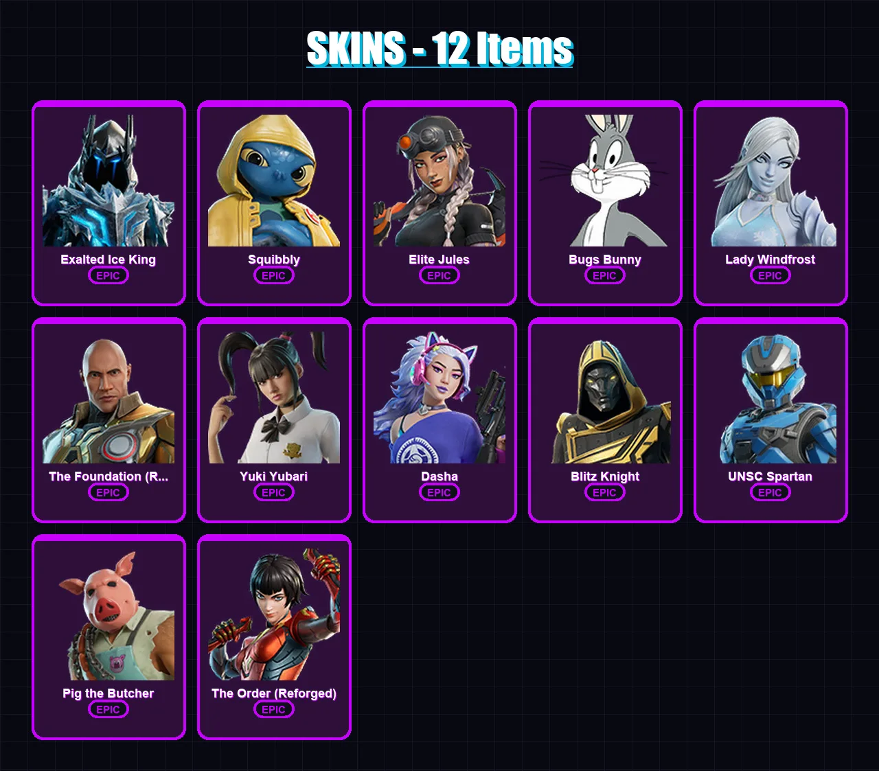 [PC/PSN] | Exalted Ice King | Squibbly | Elite Jules | Bugs Bunny | Lady Windfrost | 12 skin | 71 pickaxe | 29 emote | 44 glider | Lv765