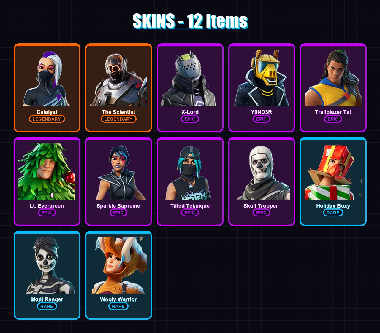 [PC/XBOX/PSN] | Catalyst | The Scientist | X-Lord | Y0ND3R | Trailblazer Tai | 12 skin | 18 pickaxe | 21 emote | 24 glider | Lv368
