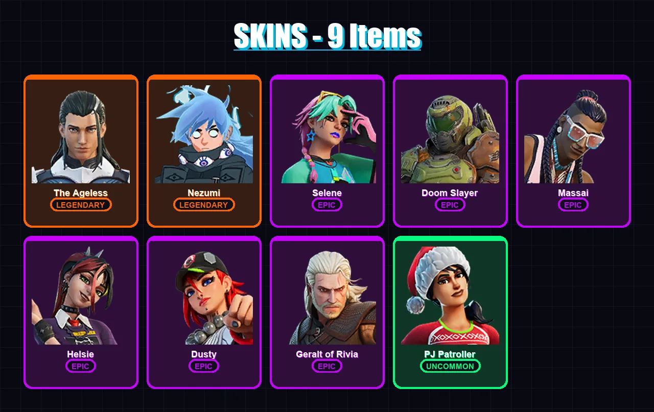 [PC/XBOX/PSN] | The Ageless | Nezumi | Selene | Doom Slayer | Massai | 9 skin | 15 pickaxe | 10 emote | 14 glider | Lv166