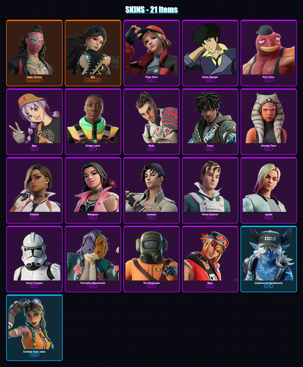 [PC/XBOX/PSN] | Kado Thorne | Era | Piper Pace | Spike Spiegel | Fish Thicc | 21 skin | 32 pickaxe | 21 emote | 27 glider | Lv442 — Fortnite account
