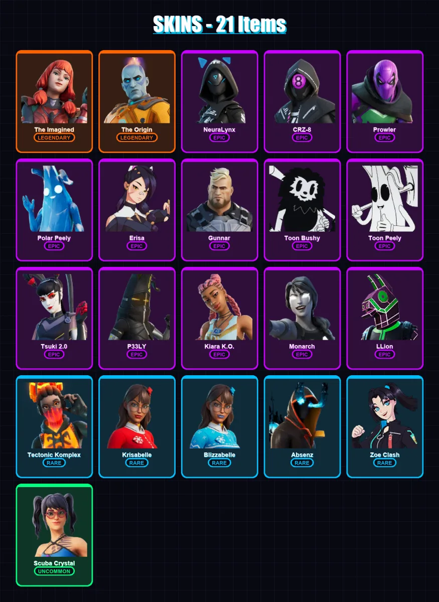 [PC/XBOX/PSN] | The Imagined | The Origin | NeuraLynx | CRZ-8 | Prowler | 21 skin | 25 pickaxe | 22 emote | 18 glider | Lv289