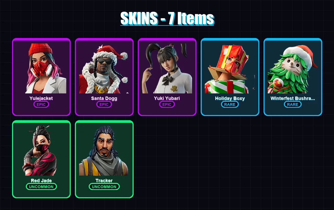 [PC/PSN] | Yulejacket | Santa Dogg | Yuki Yubari | Holiday Boxy | Winterfest Bushranger | 7 skin | 40 pickaxe | 17 emote | 27 glider | Lv429