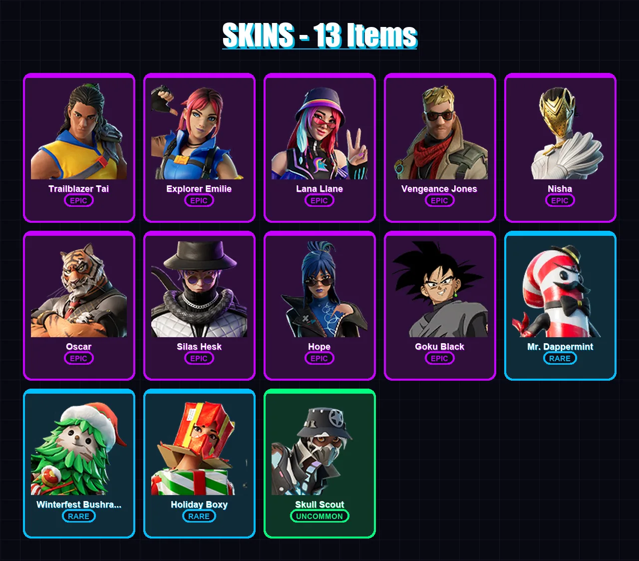 [PC/PSN] | Trailblazer Tai | Explorer Emilie | Lana Llane | Vengeance Jones | Nisha | 13 skin | 15 pickaxe | 9 emote | 10 glider | Lv125
