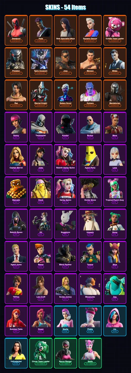 [PS4/PS5/XBOX/PC] | Deadpool | Fade | Gear Specialist Maya | Dynamo Dancer | Cuddle Team Leader | 54 skin | 51 pickaxe | 45 emote | 45 glider | Lv59
