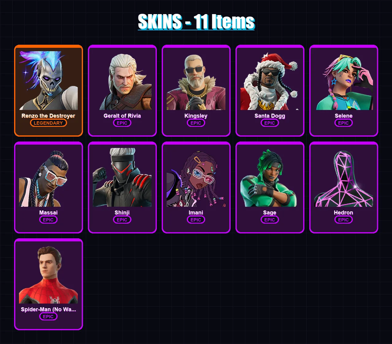 [PS4/PS5/XBOX/PC] | Renzo the Destroyer | Geralt of Rivia | Kingsley | Santa Dogg | Selene | 11 skin | 35 pickaxe | 15 emote | 24 glider | Lv216