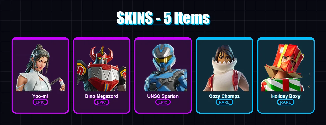 [PS4/PS5/XBOX/PC] | Yoo-mi | Dino Megazord | UNSC Spartan | Cozy Chomps | Holiday Boxy | 5 skin | 21 pickaxe | 10 emote | 13 glider | Lv226