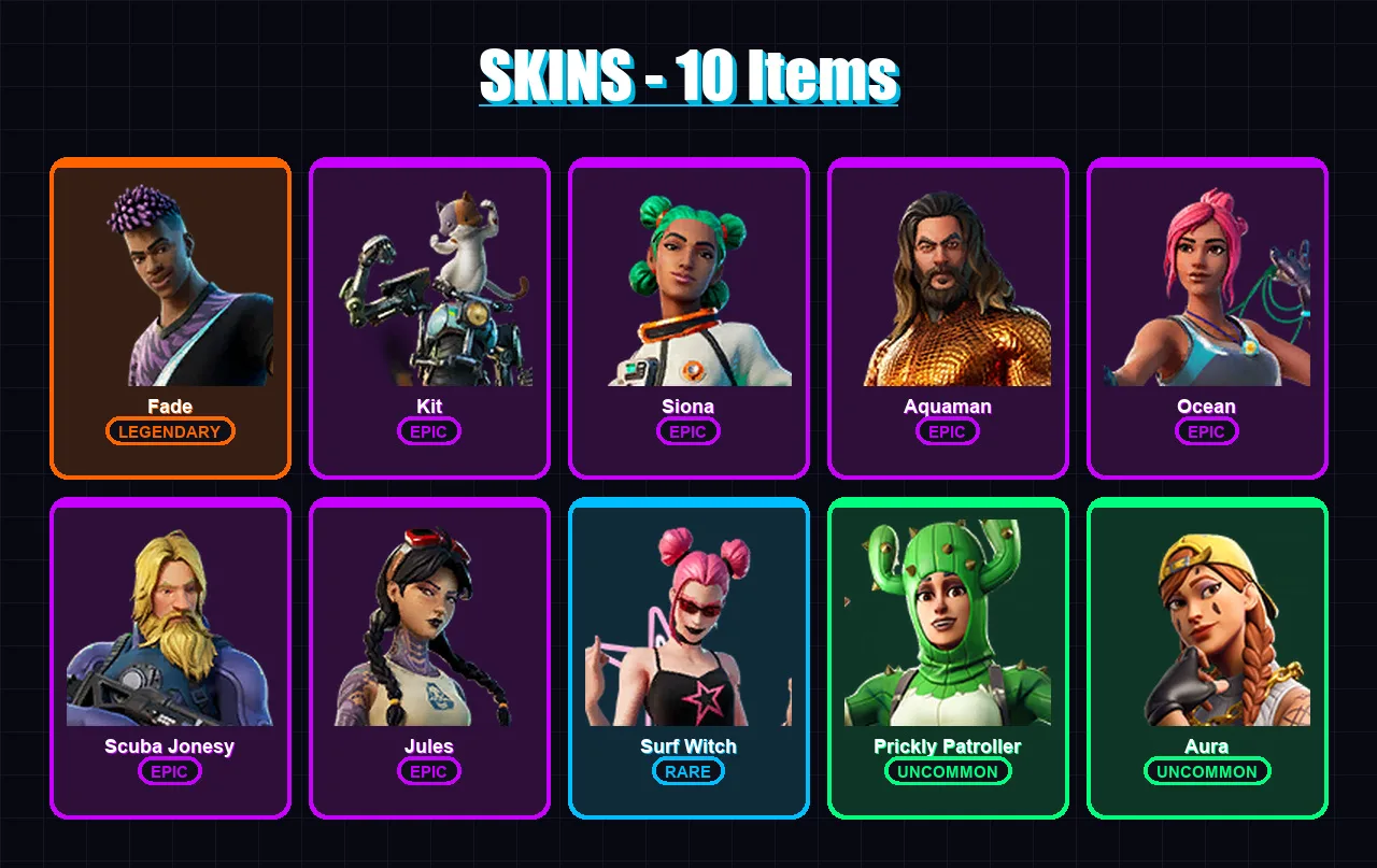 [PC/XBOX/PSN] | Fade | Kit | Siona | Aquaman | Ocean | 10 skin | 7 pickaxe | 10 emote | 12 glider | Lv148 — Fortnite account