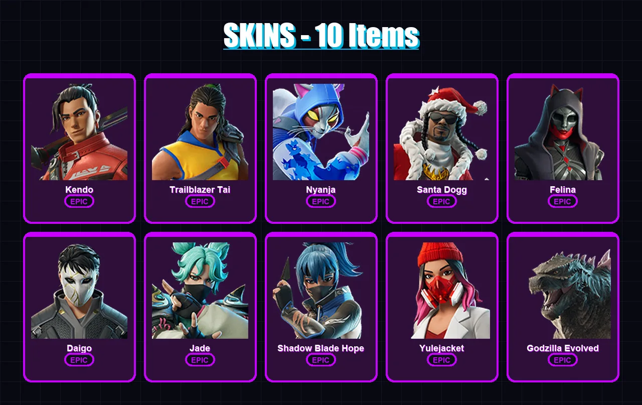 [PC/PSN] | Kendo | Trailblazer Tai | Nyanja | Santa Dogg | Felina | 10 skin | 33 pickaxe | 21 emote | 25 glider | Lv334